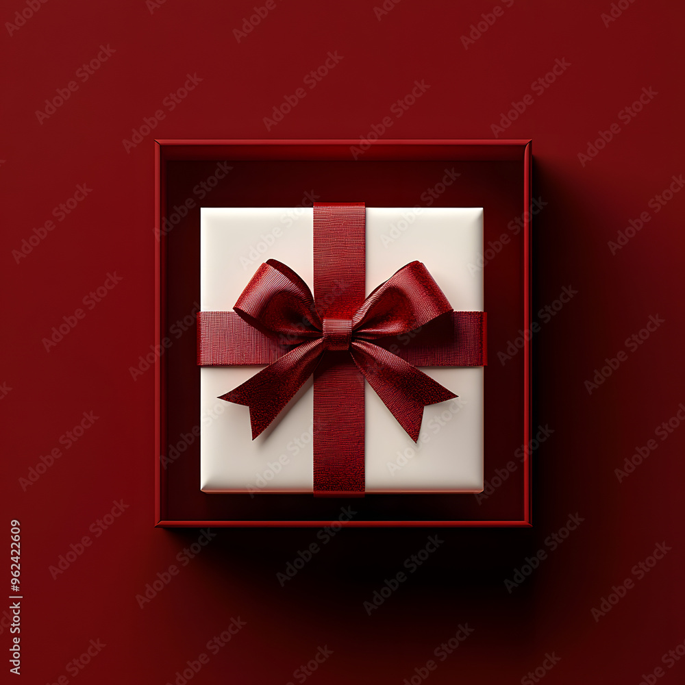 Poster blank white gift box open or top view of white present box tied with red ribbon bow isolated on dark