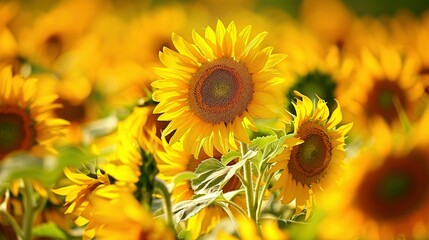 Fototapeta premium Close-up of Bright Yellow Sunflowers in a Field