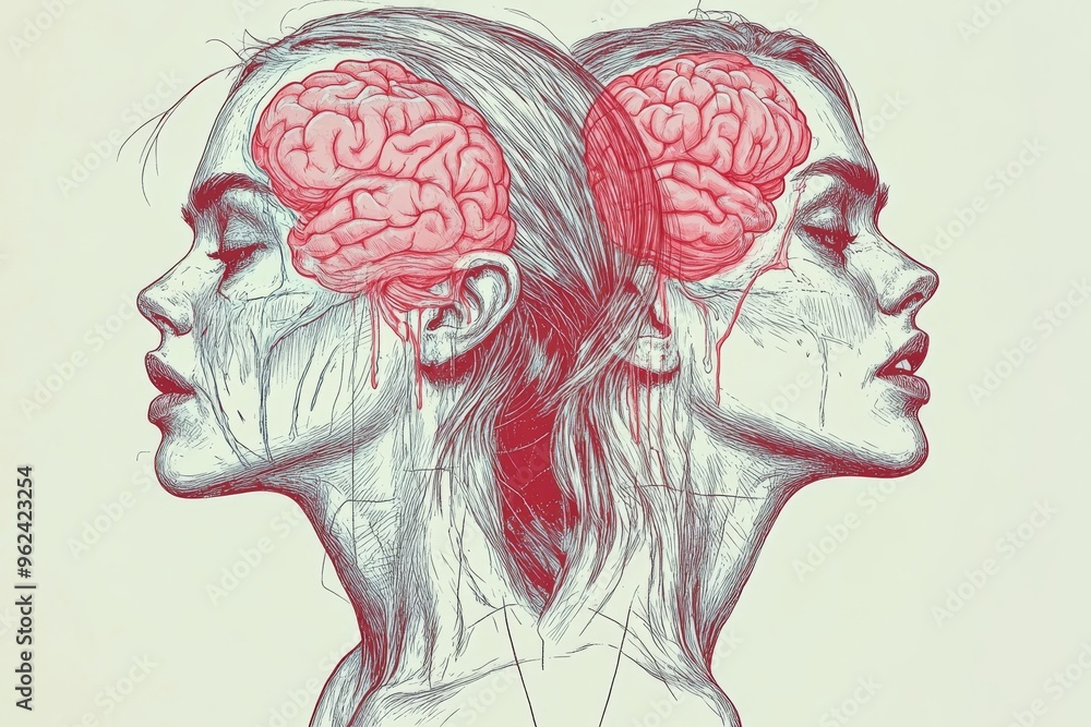 Aufkleber thought organ cognitive network dual female profiles with exposed red brain structures in a sketch s