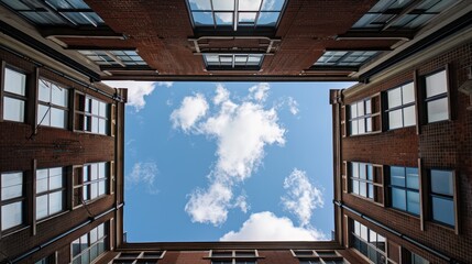A view looking up between two brick buildings, showcasing a bright blue sky with scattered clouds.