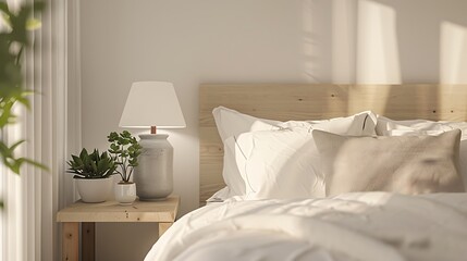 A serene bedroom with white linens light wooden headboard and gray throw pillow creating a peaceful and minimalist atmosphere small nightstand with simple lamp and potted succulent for cozy decor