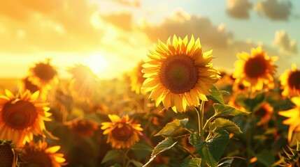 Fototapeta premium A Single Sunflower Facing the Sunset in a Field of Sunflowers
