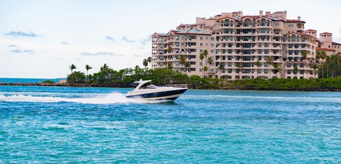 Miami Fisher island and luxury yacht. Miami beach, Florida. Landscape of luxury Fisher island...
