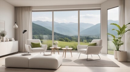 Modern living room interior with panoramic mountain view through large windows