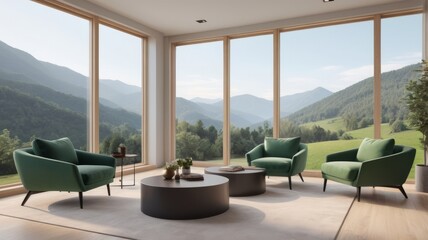 Modern living room interior with panoramic mountain view through large windows