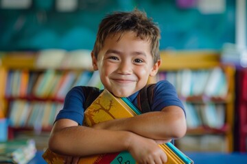 Happy girl vibrant books seated education-filled classroom. Cheerful student holding colorful books...