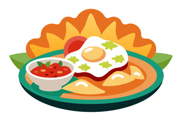 Mexican Chilaquiles Platter with Eggs, Salsa Roja, and Queso Fresco Vector Illustration