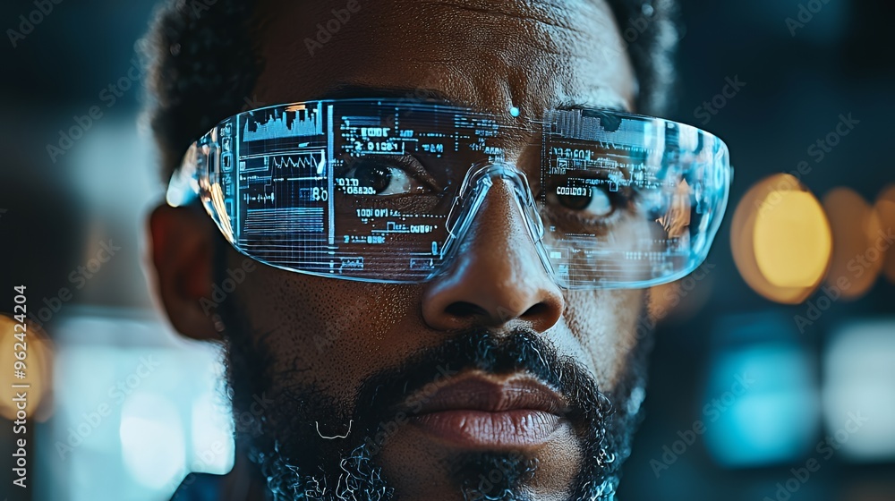 Poster close-up of a man wearing futuristic augmented reality glasses with digital data displayed.