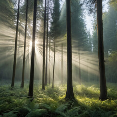 Naklejka premium Tranquil forest clearing with rays 