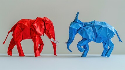 Obraz premium Red and Blue Origami Elephants Facing Each Other