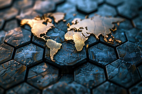 A close up of a globe with a yellow outline. The globe is surrounded by a black hexagonal pattern - Powered by Adobe