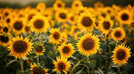 Fototapeta premium A Field of Sunflowers in Full Bloom Under a Golden Sky