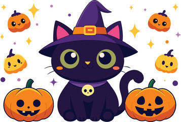 Black cat background with pumpkins and witch hat - Halloween Background illustration 
