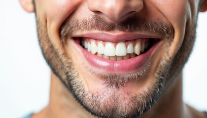 Fototapeta premium Close-up of a man's lips and teeth in a dental ad, showcasing a bright, clean smile against a plain white background.