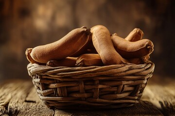 Tamarind Pods in Wicker Basket