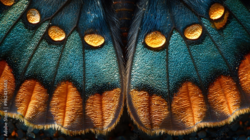 Poster a close-up shot of a butterfly's wings showing the intricate patterns and textures of the scales.