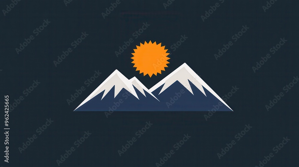 Poster Snow-capped mountains rise against a dark background, with a bright sun emerging behind them, creating a calm and serene atmosphere. Generative AI
