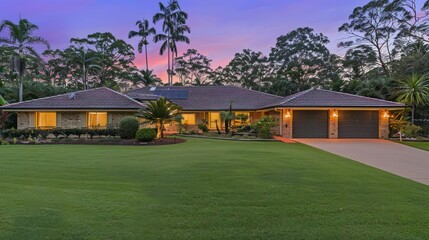 A beautiful modern house surrounded by lush greenery at sunset.