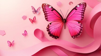 Fototapeta premium Pink Butterfly with Pink Ribbon on Pink Background