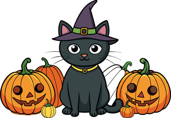Black cat background with pumpkins and witch hat - Halloween Background illustration 