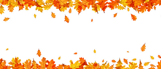Top and bottom border of autumn oak leaves in vibrant orange and yellow tones. Vector illustration