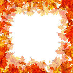 Square wreath of autumn oak leaves in vibrant shades of orange and yellow. Vector illustration.