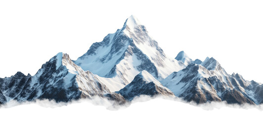 A majestic, snow-capped mountain range with sharp, rugged peaks under a clear sky against an isolated, transparent background