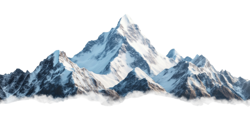 A majestic, snow-capped mountain range with sharp, rugged peaks under a clear sky against an isolated, transparent background - Powered by Adobe