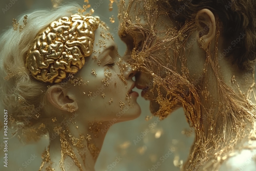 Poster subcortical structures basal ganglia golden couple with intricate neural patterns on their faces rep