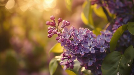 Purple Lilac Blossoms in Sunlight with Green Leaves