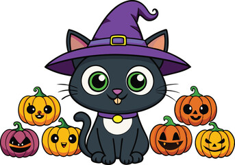 Black cat background with pumpkins and witch hat - Halloween Background illustration 