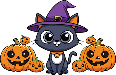 Black cat background with pumpkins and witch hat - Halloween Background illustration 