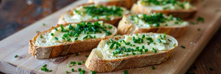 Sliced baguette topped with creamy cheese and chives on a wooden cutting board, with a selective focus on the front slice.