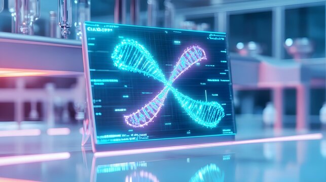 DNA Helix on Screen in Modern Lab, Genetic Research, Science