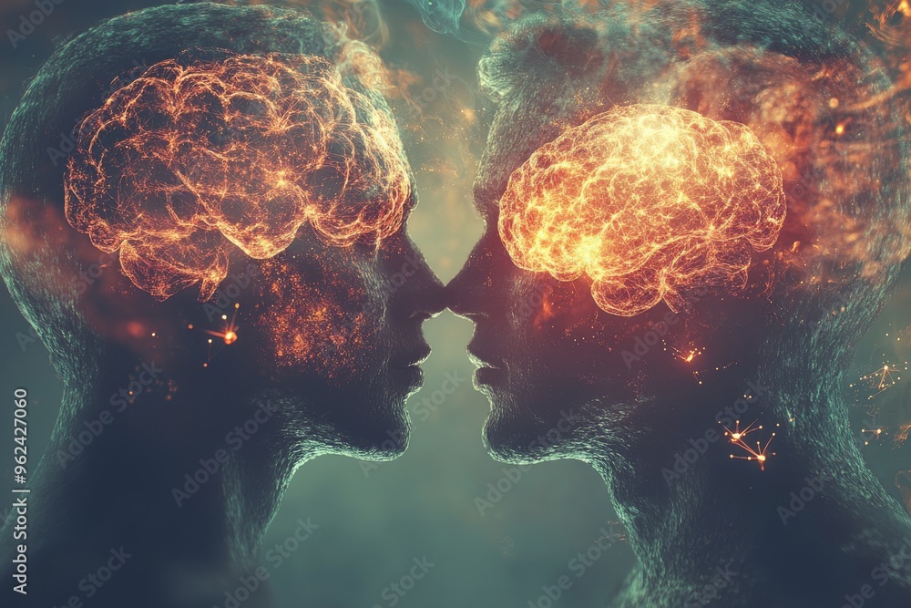 Poster brain regions basal ganglia couple with brains illuminated by fiery patterns representing the heat o