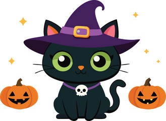 Black cat background with pumpkins and witch hat - Halloween Background illustration 