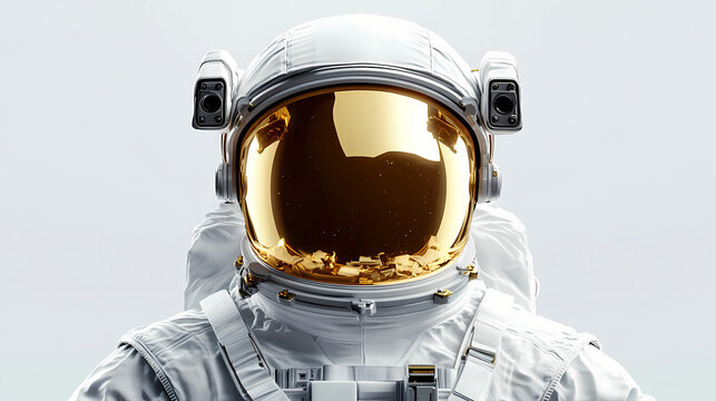 Astronaut with gold visor and white spacesuit with light grey background with neutral diffused side lighting front view 3d illustration 3d render. Astronaut. Illustration