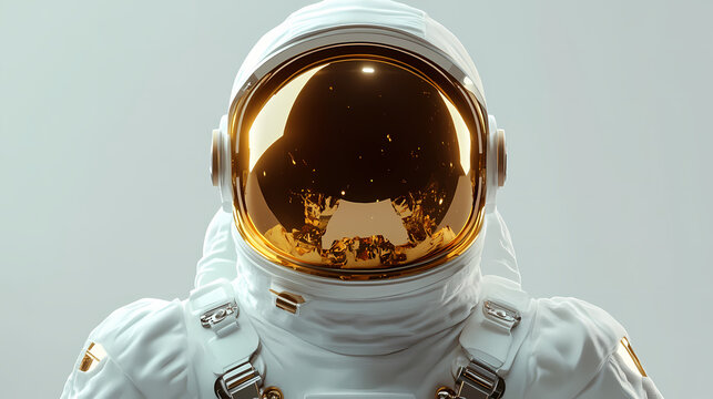 Astronaut with gold visor and white spacesuit with light grey background with neutral diffused side lighting front view 3d illustration 3d render. Astronaut. Illustration