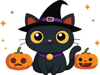 Black cat background with pumpkins and witch hat - Halloween Background illustration 
