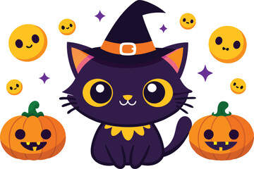 Black cat background with pumpkins and witch hat - Halloween Background illustration 