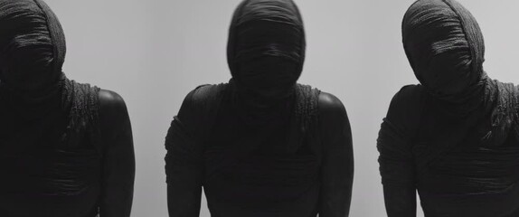 Three mummies against a white background raise their heads quickly and look around