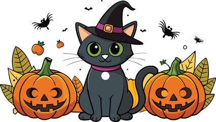 Black cat background with pumpkins and witch hat - Halloween Background illustration 