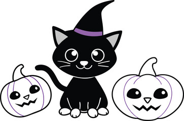 Black cat background with pumpkins and witch hat - Halloween Background illustration 