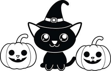 Black cat background with pumpkins and witch hat - Halloween Background illustration 