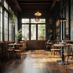 Fototapeta premium Warm cafe lighting on textured wooden floors, vintage decor, 3D illustration