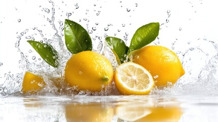 Lemons and Leaves Splashing in Water