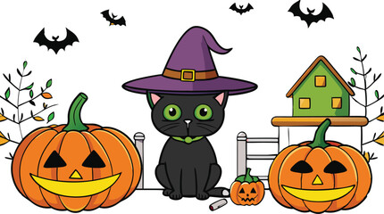 Black cat background with pumpkins and witch hat - Halloween Background illustration 