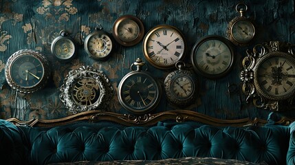 Symbolist wallpaper with vintage watch conveying deeper meanings on dark velvet background