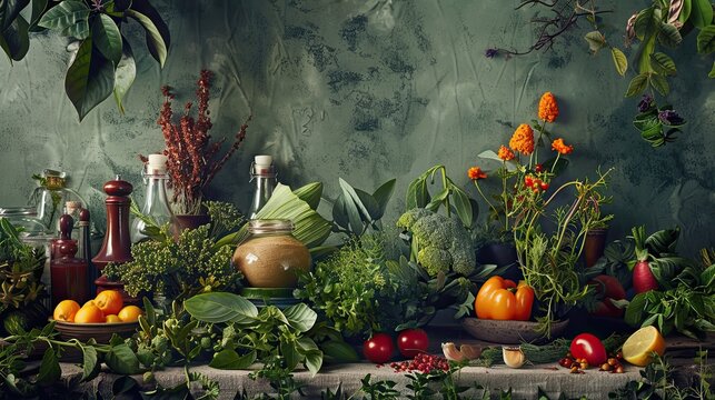 Herbs and spices arranged playfully challenging norms in a dadaist backdrop