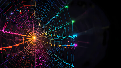 Obraz premium Abstract illustration of a spider web with neon threads stretching in various directions